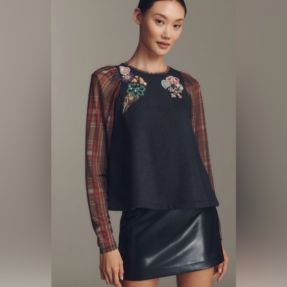 Maeve Tops - Anthropologie Maeve Long-Sleeve Embellished Plaid Top. M.